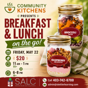 Promotional poster for Community Kitchens presenting 'Breakfast & Lunch on the go' with glass jars of labeled salads (Broccoli Salad, Raspberry and Ricotta) on a light background and a red-green color scheme.