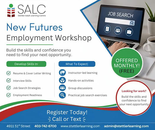 SALC New Futures Employment Workshop infographic: logo, title, and bullet lists of skills to develop (resume writing, interview skills, job search, employment readiness) with what to expect (instructor-led learning, hands-on activities, group discussions, practical exercises); green circle notes monthly free offers; bottom banner encourages registration and shows contact details.