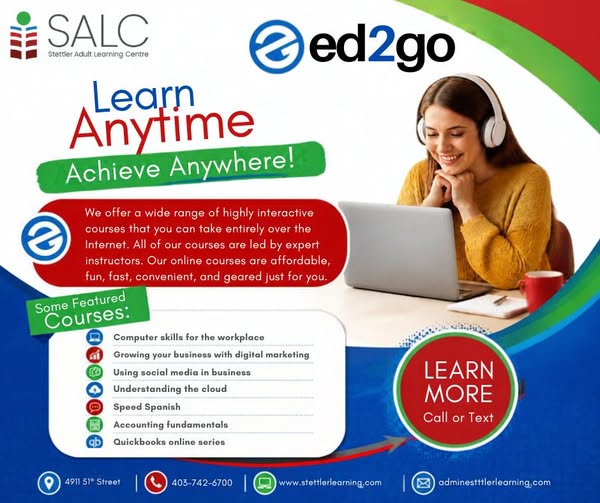 Banner promoting online courses: 'Learn Anytime, Achieve Anywhere' with a woman using a laptop and ed2go logo (SALC).